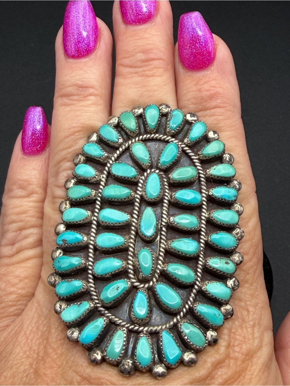 Vintage J Wallace Zuni Turquoise Cluster Ring Sterling Silver 23.8g Sz 8
